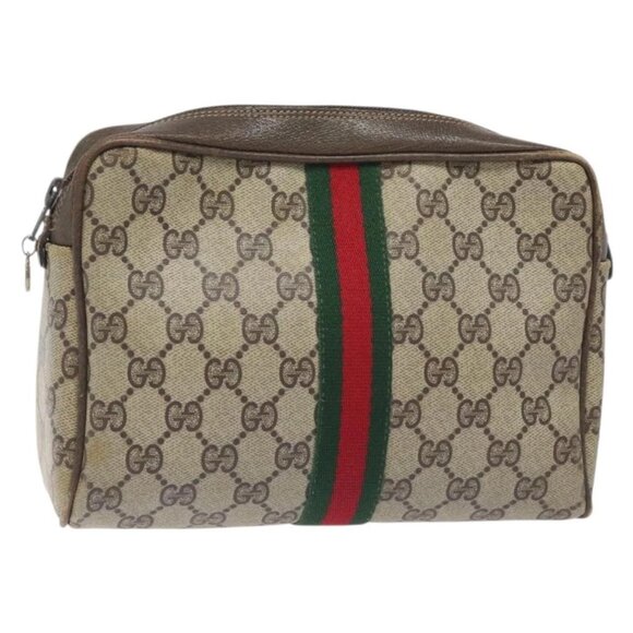 GUCCI GG Supreme Web Sherry Line Clutch Bag PVC Beige Gold Red - Picture 1 of 16
